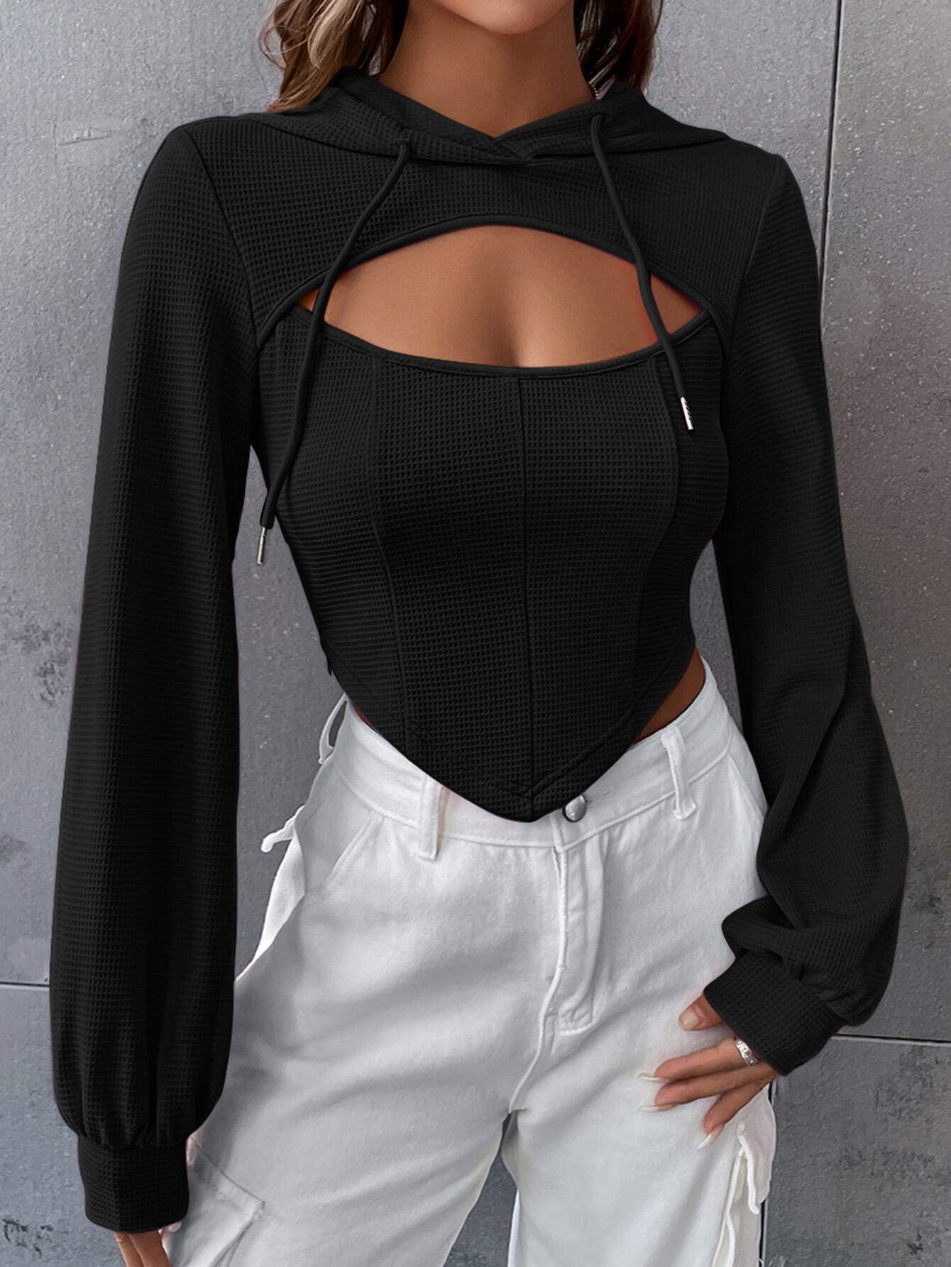 Cardydony Women's Trendy Black Cutout Hoodie Top - Edgy and Versatile