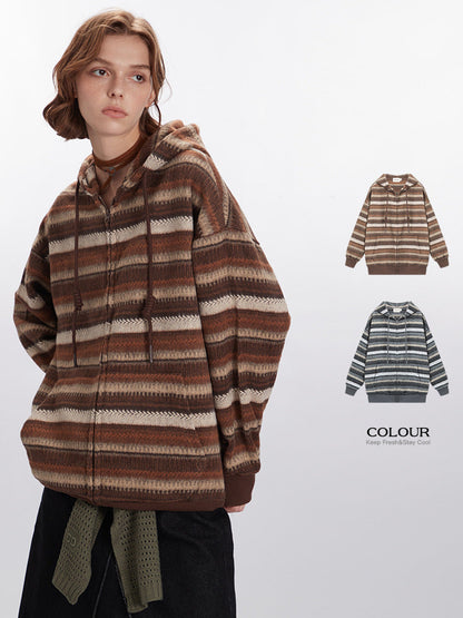 Cardydony Women's Vintage Striped Knitted Hooded Jacket
