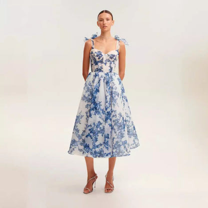 Cardydony Women's Chic Floral Organza Midi Dress with Delicate Bow Straps