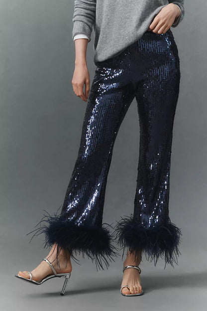 Cardydony Women's New Year Eve Sequin Feather Trim High Rise Back Zipper Flare Pants