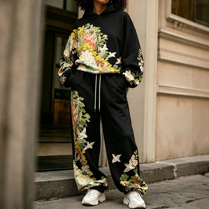 Cardydony Women's Vintage Japanese Art Print Hoodie Two Piece Set