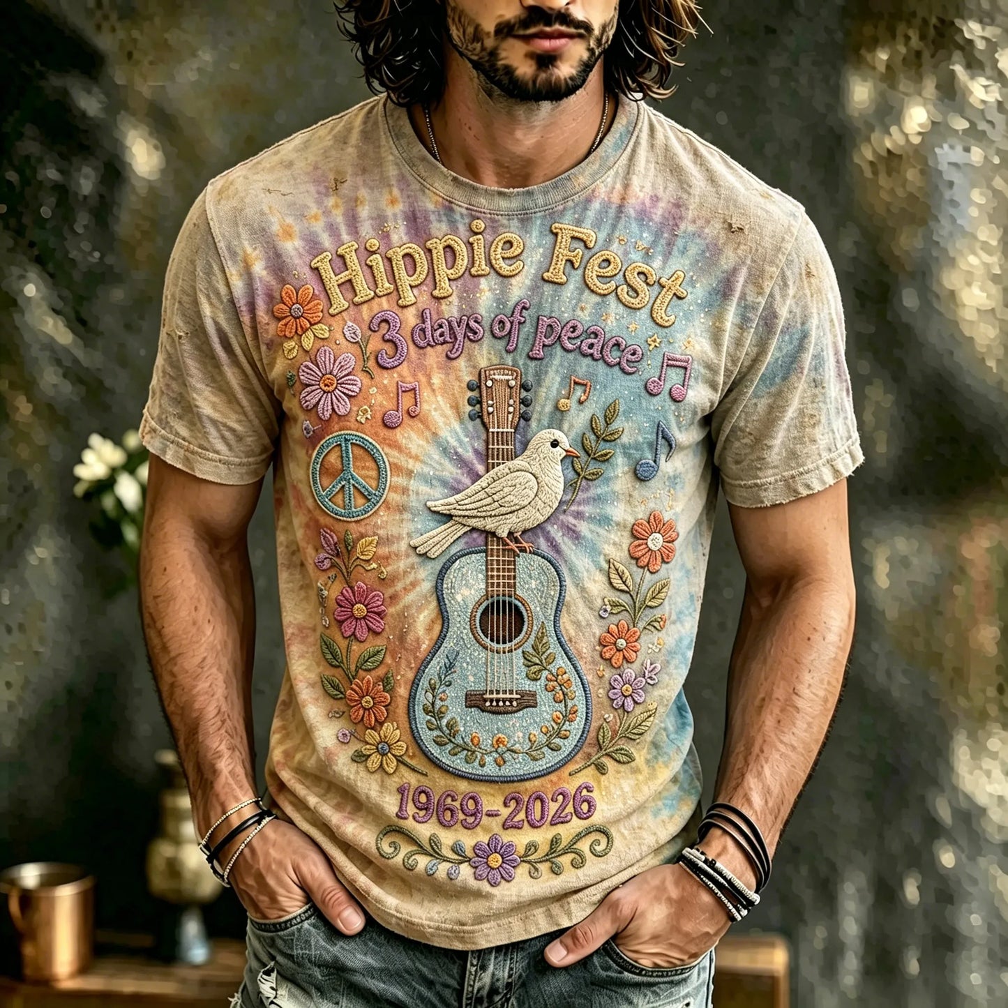 Cardydony Men's Vintage 60s Tie Dye Music Art Retro Hippie Crew Neck T-shirt