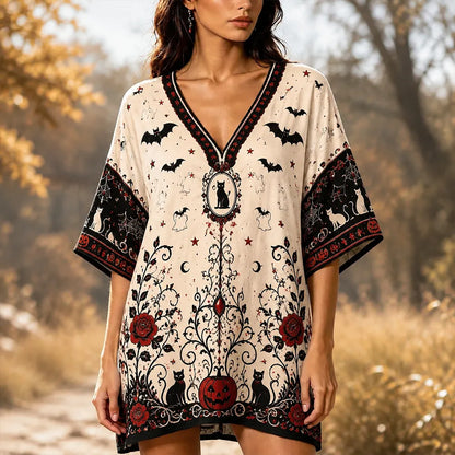 Cardydony Women's Casual V-neck Kimono-style Mini Dress With Halloween Bat, Black Cat, Pumpkin, And Gothic Rose Print