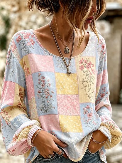 Cardydony Women's Casual Scoop Neck Long Sleeve T-shirt With Floral Patchwork Grid