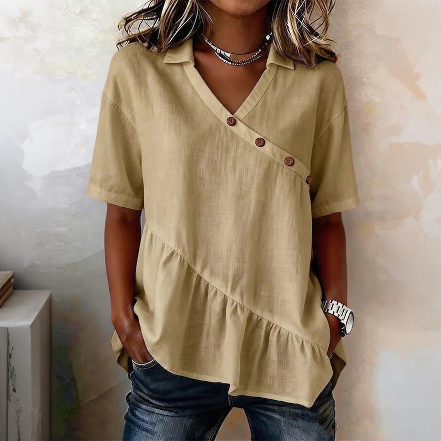 Cardydony Women's Vintage Simple Buttons Cotton Linen Shirt