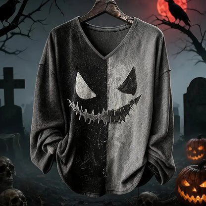 Cardydony Halloween Gothic Split Color Spooky Face Long Sleeve T-shirt
