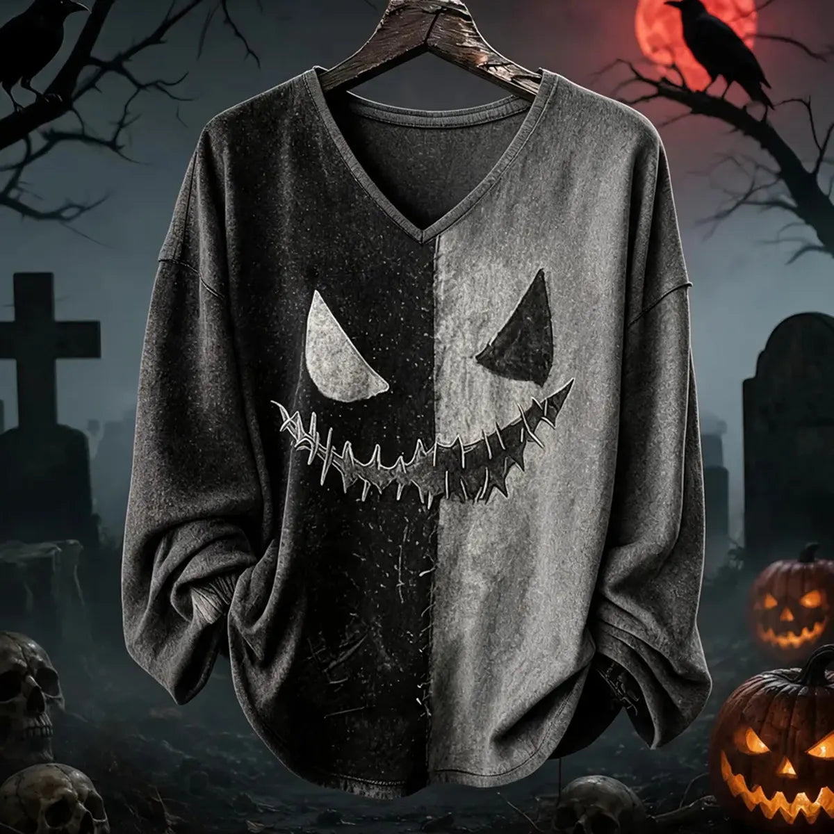 Cardydony Halloween Gothic Split Color Spooky Face Long Sleeve T-shirt