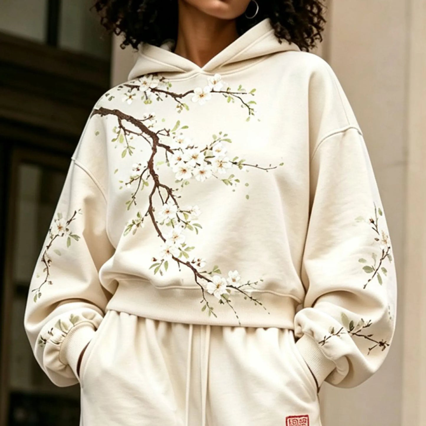Cardydony Women's Vintage Japanese Floral Art Print Hoodie Two Piece Set