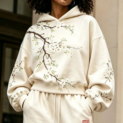 Cardydony Women's Vintage Japanese Floral Art Print Hoodie Two Piece Set
