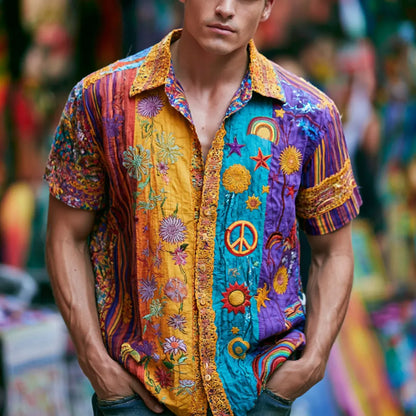 Cardydony Men's Peace Symbol And Floral Art Hippie Embroidered Patchwork Casual Short Sleeve Shirt
