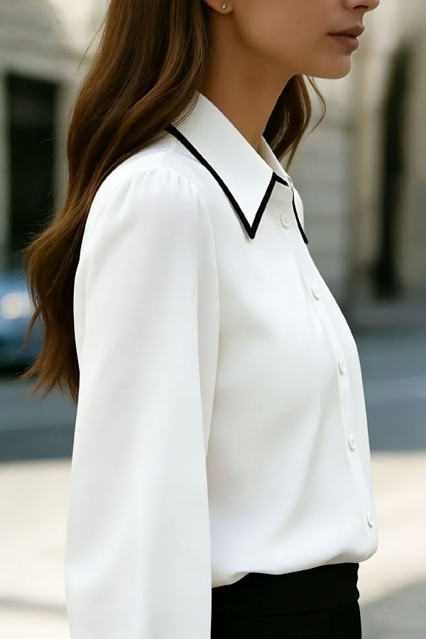 Cardydony Women's Stylish Color-blocked Collared Long-sleeved Casual Button-down Shirt