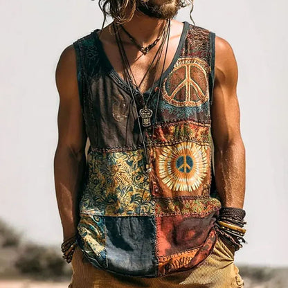 Cardydony Men's Hippie Peace Sign Patchwork Print Tank Top