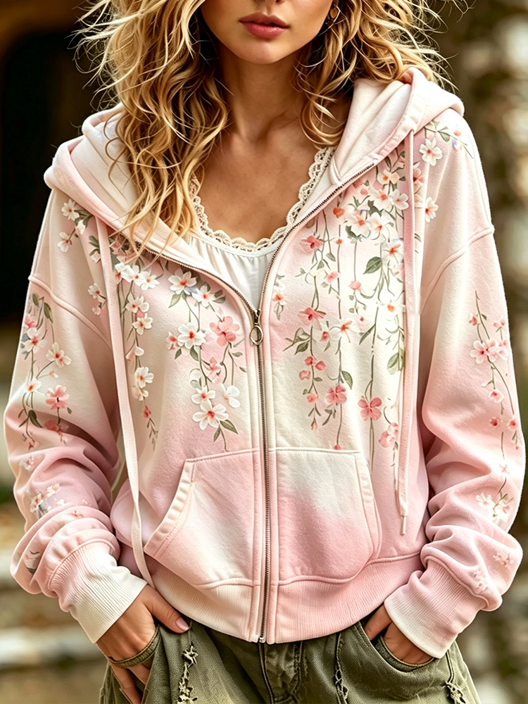 Cardydony Women's Full-zip Hoodie Sweatshirt With Pastel Pink Gradient And White Cherry Blossom Floral Print