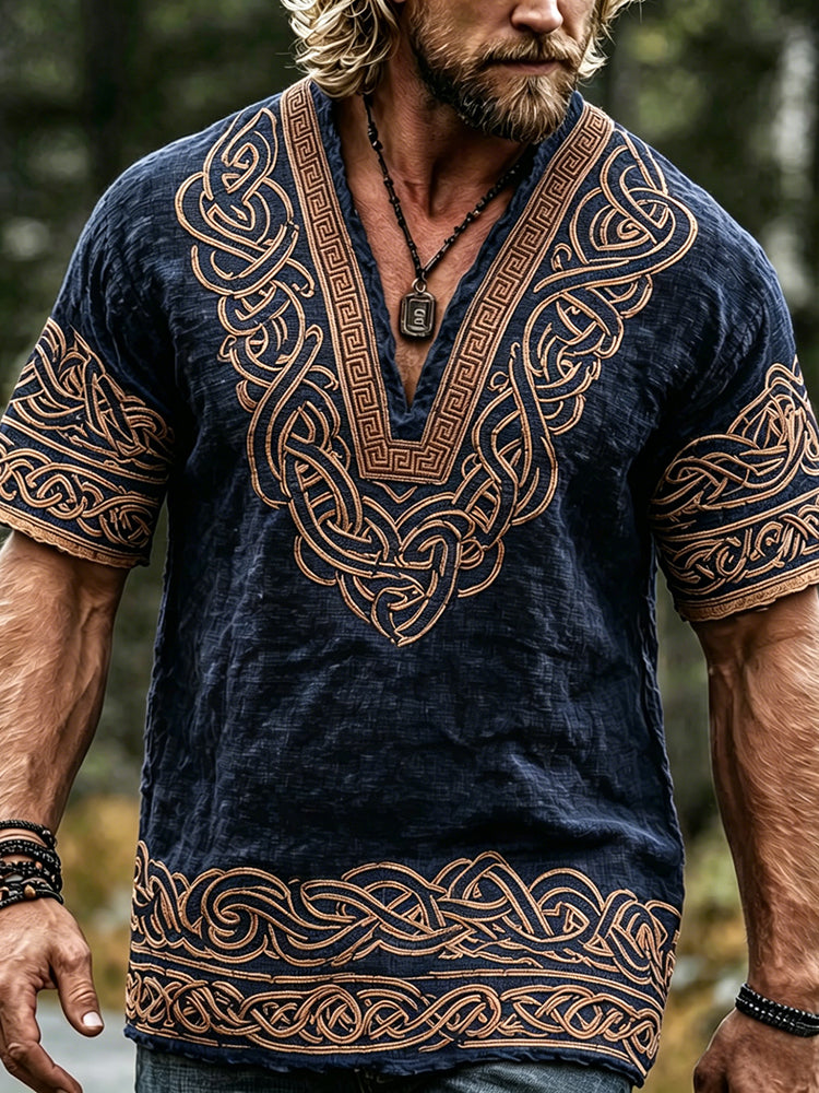 Cardydony Men's Retro Viking Celtic Knot Pattern Casual V Neck Cotton And Linen Tops
