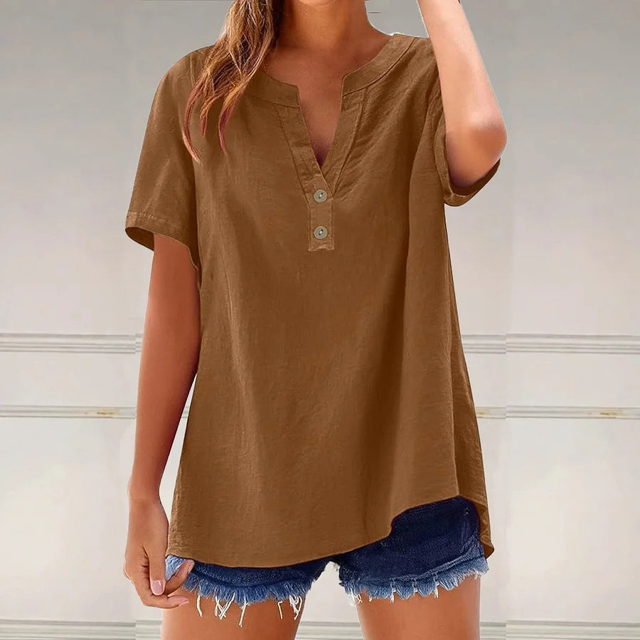 Cardydony Solid Color Linen Blended V-neck Loose Blouse