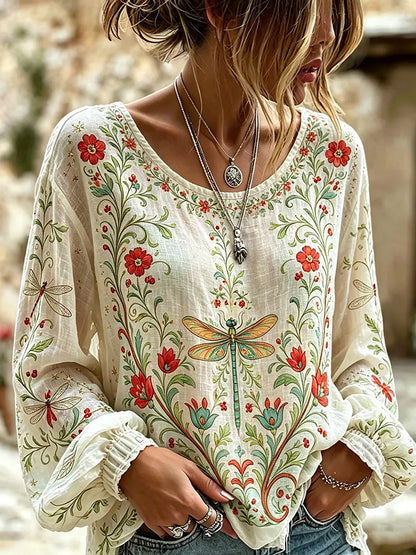 Cardydony Retro Bohemian Style Folk Art Dragonfly And Floral Print Top