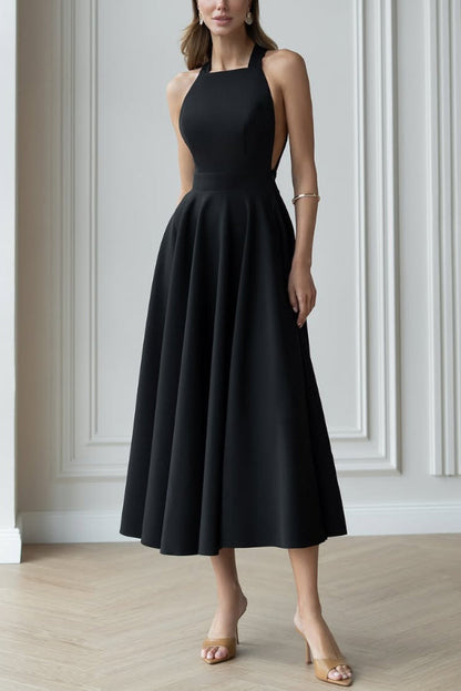 Cardydony Women's Solid Color Halter Neck Bow Tie Elegant Waist-cinching Midi Dress