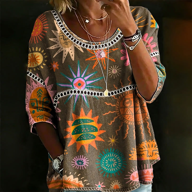 Cardydony Women's Retro Hippie Style Printed Cotton Linen Casual T-shirt