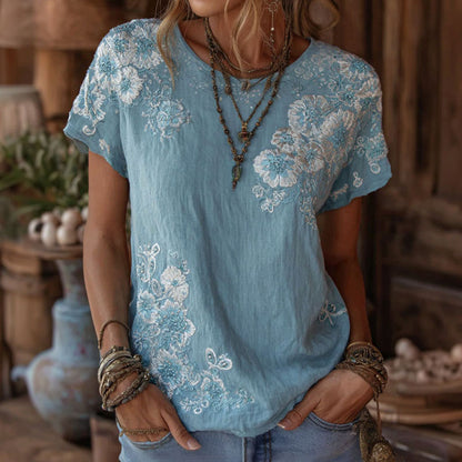 Cardydony Women's Floral Embroidery Cotton Linen Casual Round Neck T-shirt
