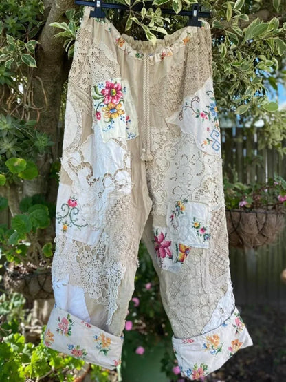 Cardydony Vintage Floral Lace Patchwork Fabric Casual Wide-leg Pants