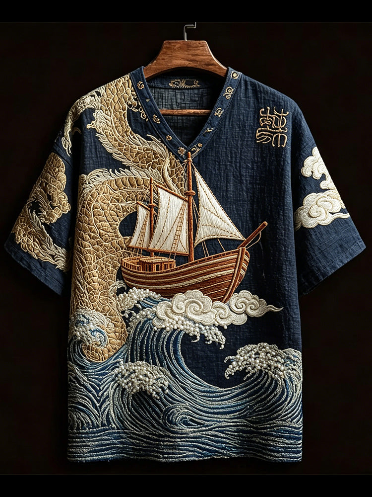 Cardydony Men's Japanese Artistic Cloud And Fish Print Cotton Linen Top