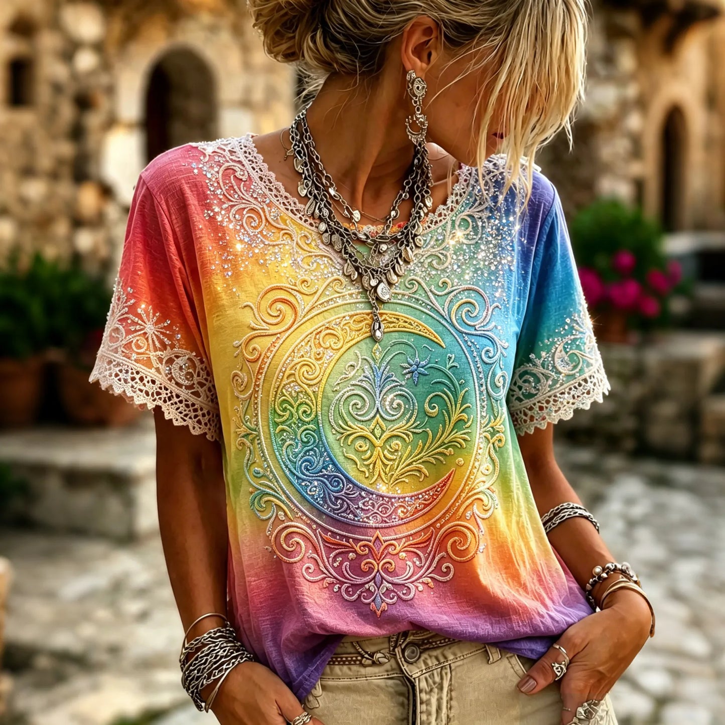 Cardydony Women's Retro Hippie Gradient Print Crew Neck T-shirt