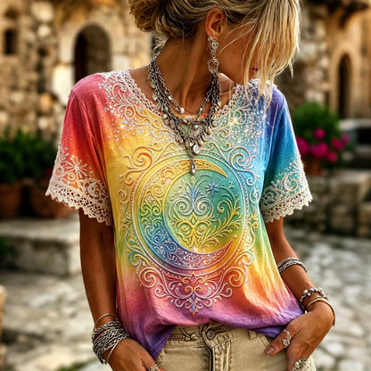 Cardydony Women's Retro Hippie Gradient Print Crew Neck T-shirt