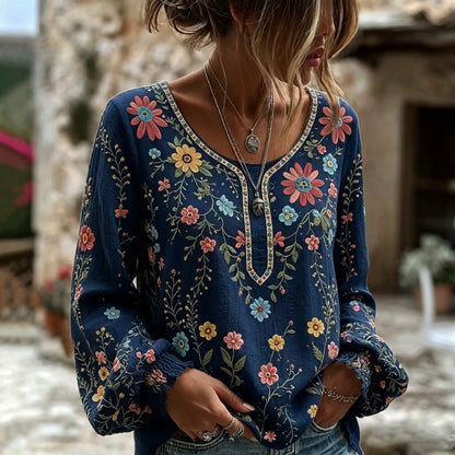 Cardydony Women's Vintage Floral Art Print Flowy Linen Blend Linen Blend Long Sleeve Casual Tops