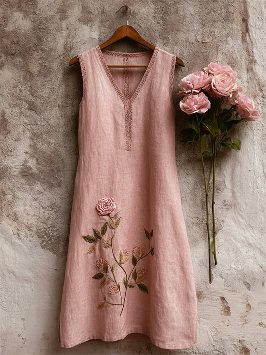 Cardydony Vintage Classy Pink Rose Linen Tank Dress