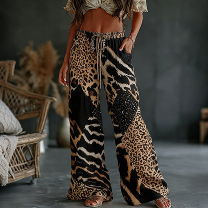 Cardydony Women's Leopard And Animal Patchwork Art Print Flowy Linen Blend Casual Pants