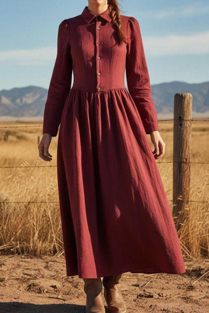 Cardydony Women's Linen Blend Solid Color Lapel Long-sleeved Casual Maxi Dress