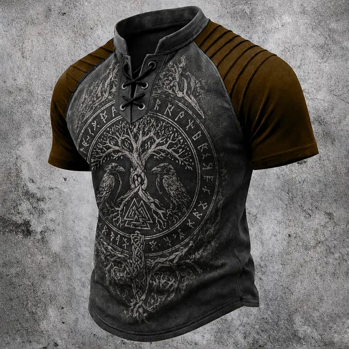 Cardydony Retro Viking Casual Color Block Printed Cotton Linen Top