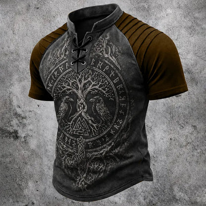 Cardydony Retro Viking Casual Color Block Printed Cotton Linen Top