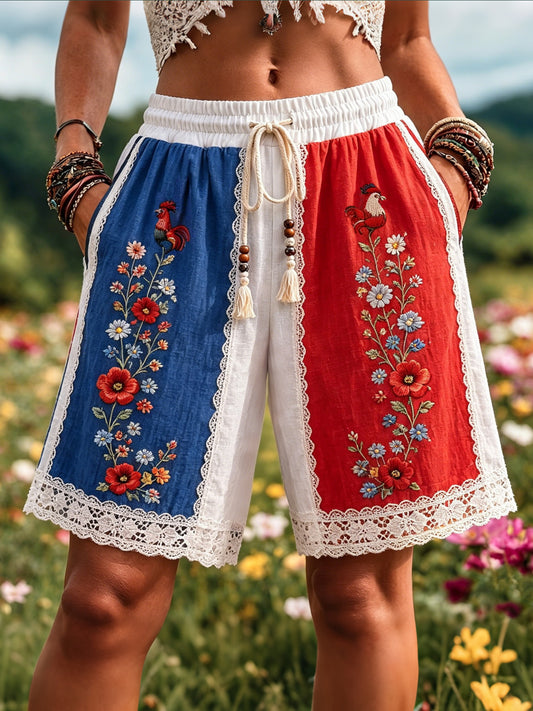 Cardydony Women's Vintage Color Blocked Floral Embroidery Art Casual Shorts