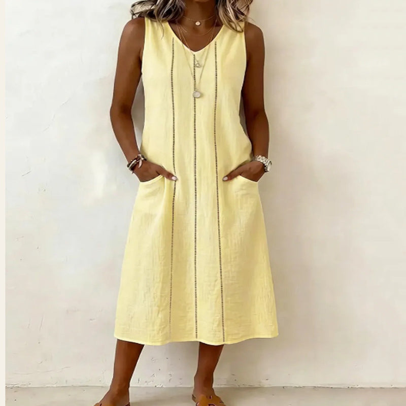 Cardydony Women's Solid Color V-neck Sleeveless Vest Midi Dress