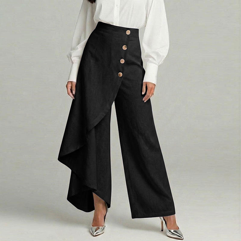 Cardydony Women's Casual Retro Irregular Ruffles Button Cotton And Linen Pants