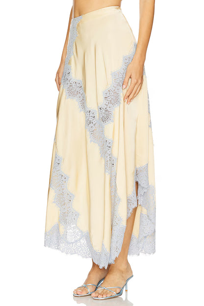 Cardydony Women's Wine Tasting Contrast Color Satin Lace Trim Irregular Hem Drape Midi Skirt