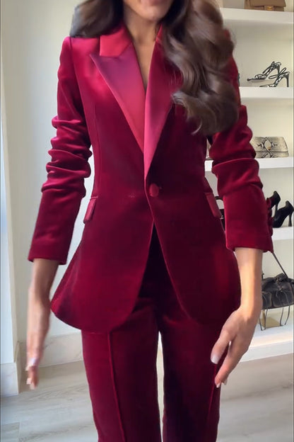 Cardydony Women's Delicate Daze Velvet Satin Lapel Button Up Long Sleeve Tapered Waist Blazer
