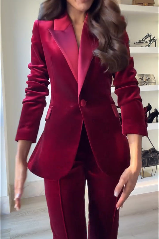 Cardydony Women's Delicate Daze Velvet Satin Lapel Button Up Long Sleeve Tapered Waist Blazer