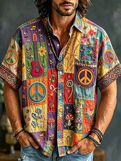 Cardydony Men's Peace Sign And Guitar Hippie Patchwork Print Casual Shirt