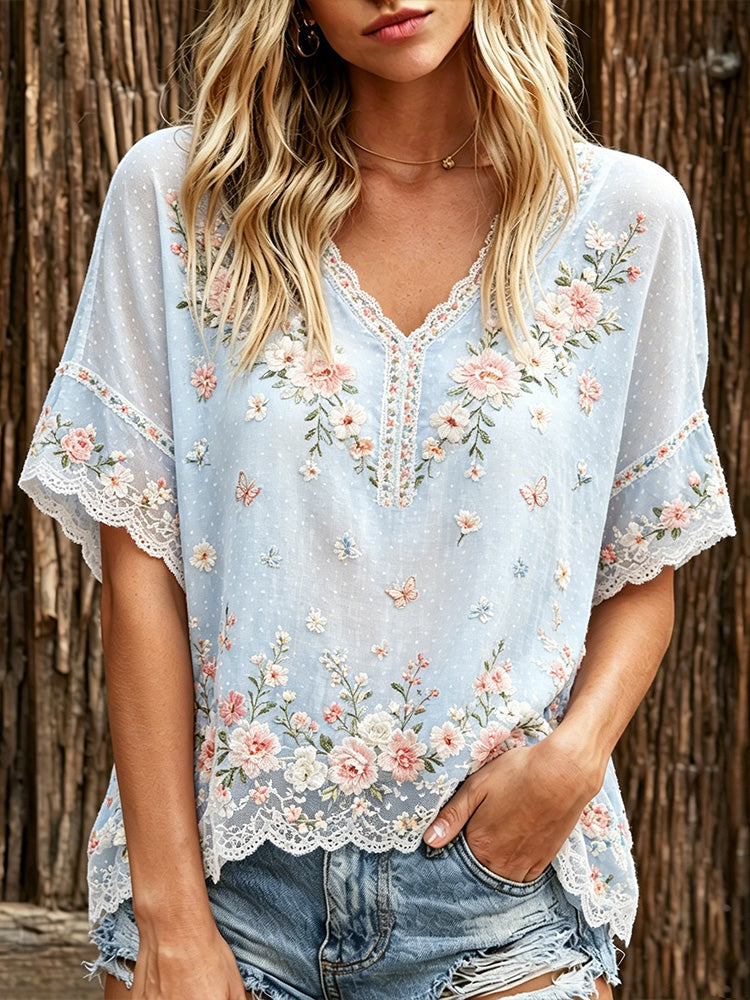 Cardydony Women's Floral And Butterfly Embroidered Art Comfortable V-neck T-shirt