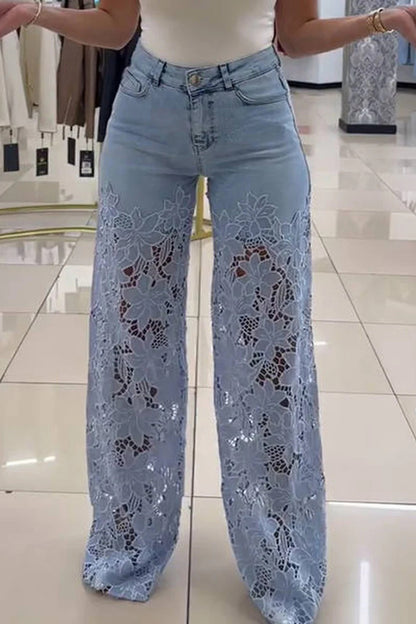 Cardydony Women's Fashion Hollow Lace Stitching Casual Pocket Denim Wide-leg Pants