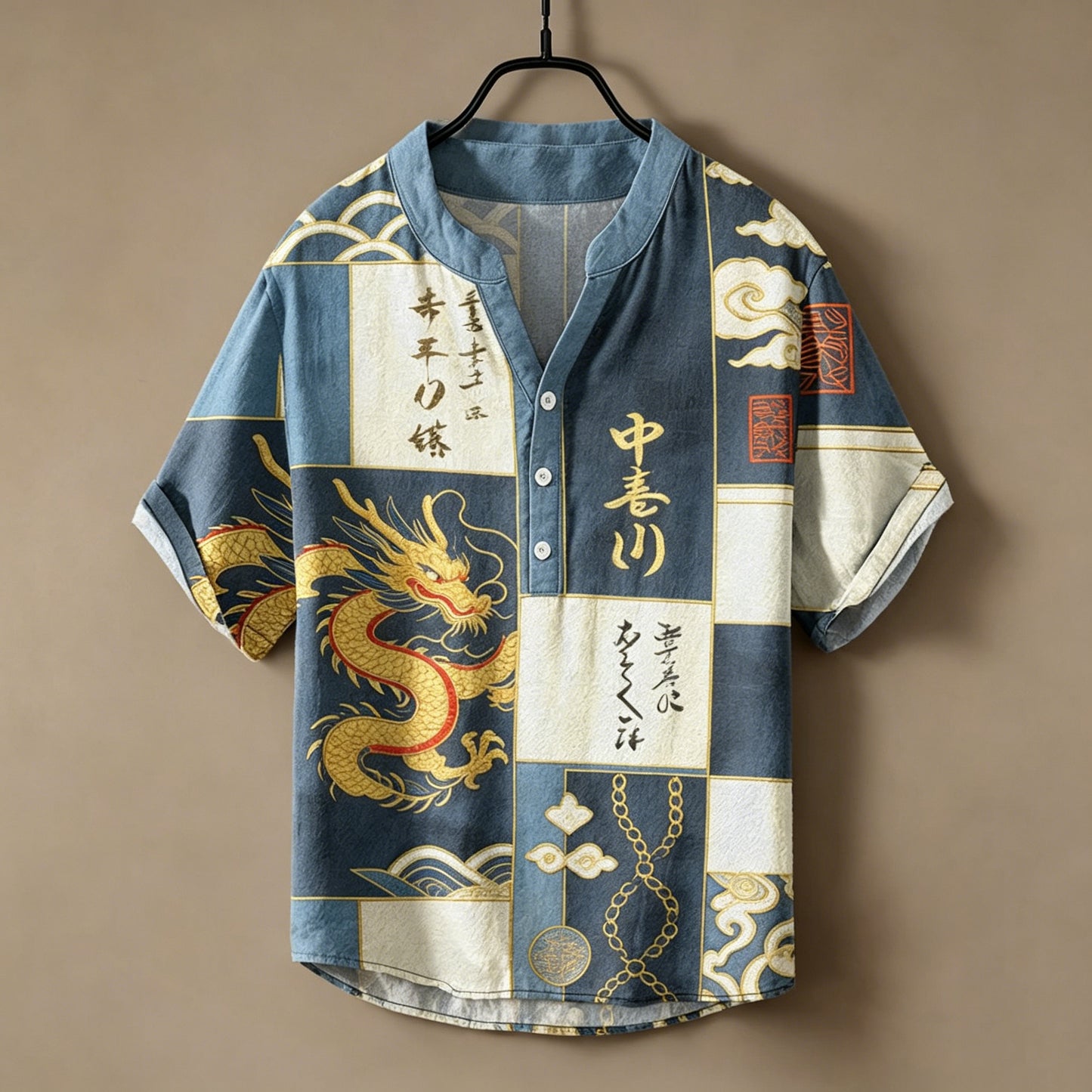 Cardydony Men's Japanese Art Dragon Letter Color Block Print Cotton Linen Top