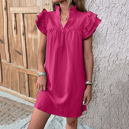 Cardydony Ruffled Notched Cap Sleeve Linen Dress