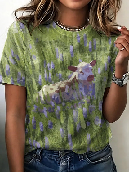 Cardydony Women's Retro Bohemian Style Calf Print Cotton Linen T-shirt