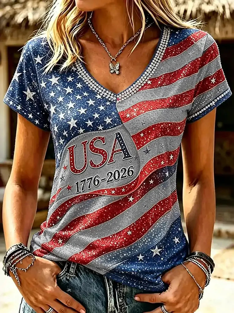 Cardydony Women's Independence Day Printed V Neck Casual Tops