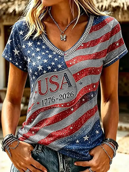 Cardydony Women's Independence Day Printed V Neck Casual Tops