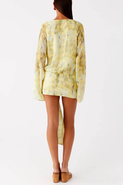 Cardydony Women's Tie-dye Print V-neck Long-sleeved Ribbon Vacation Mini Dress