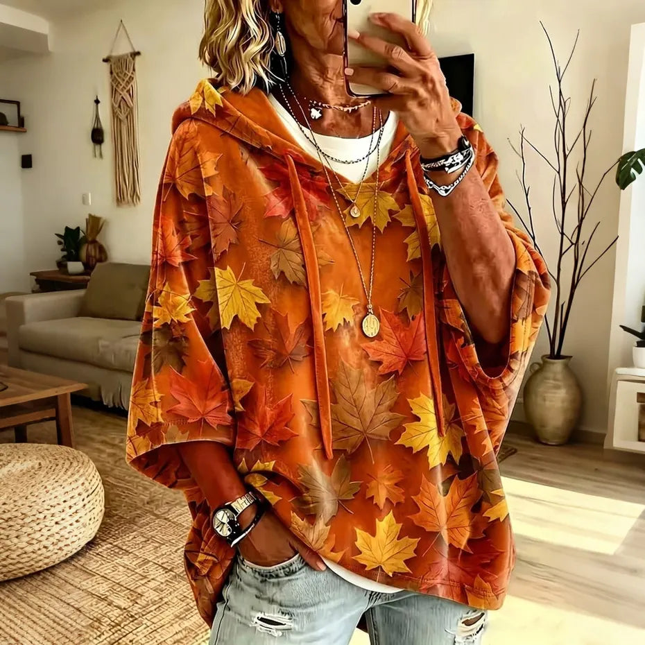 Cardydony Women's Autumn Maple Leaf Print Half-sleeve Hoodie