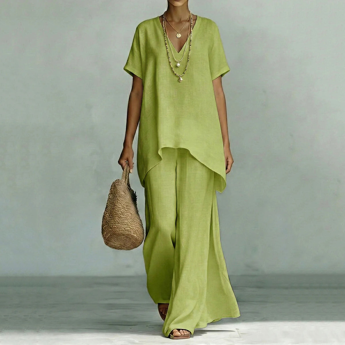 Cardydony Linen V-neck Short-sleeved Loose Top And Wide-leg Pants Two-piece Set